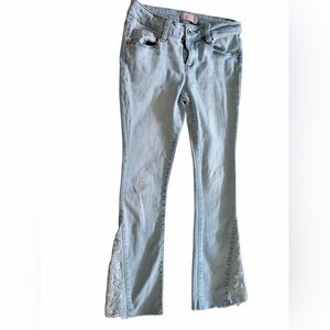 Squeeze Light Blue Flare Jeans with Floral Embroidery